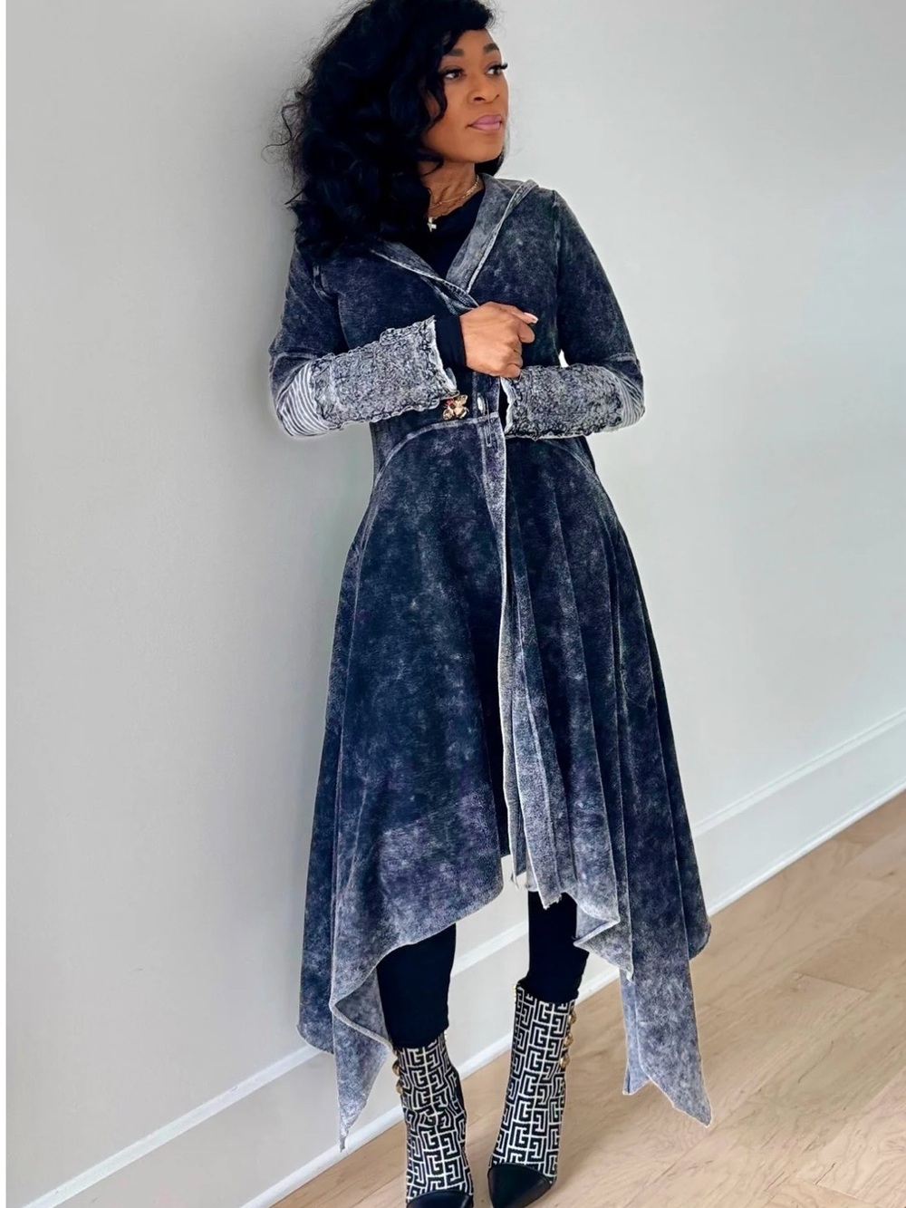 Forest Goddess French Terry Coat: blue ombré Acid Wash